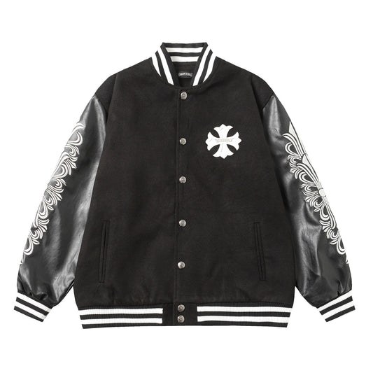 Chrome Hearts Cross Embroidered Leather Sleeve Varsity Jacket - Black Street Style 116