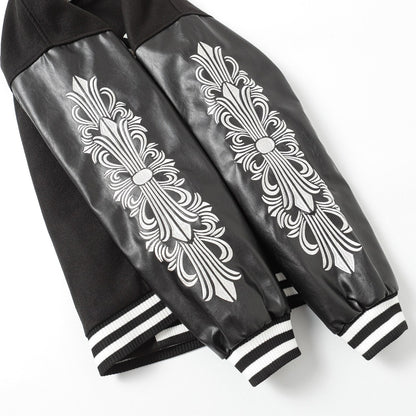 Chrome Hearts Cross Embroidered Leather Sleeve Varsity Jacket - Black Street Style 116
