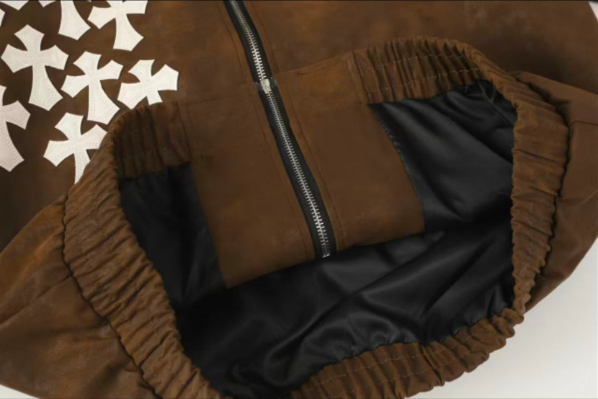 Chrome Hearts Cross Patch Suede Jacket - Brown Gothic Streetwear Outerwear 8833