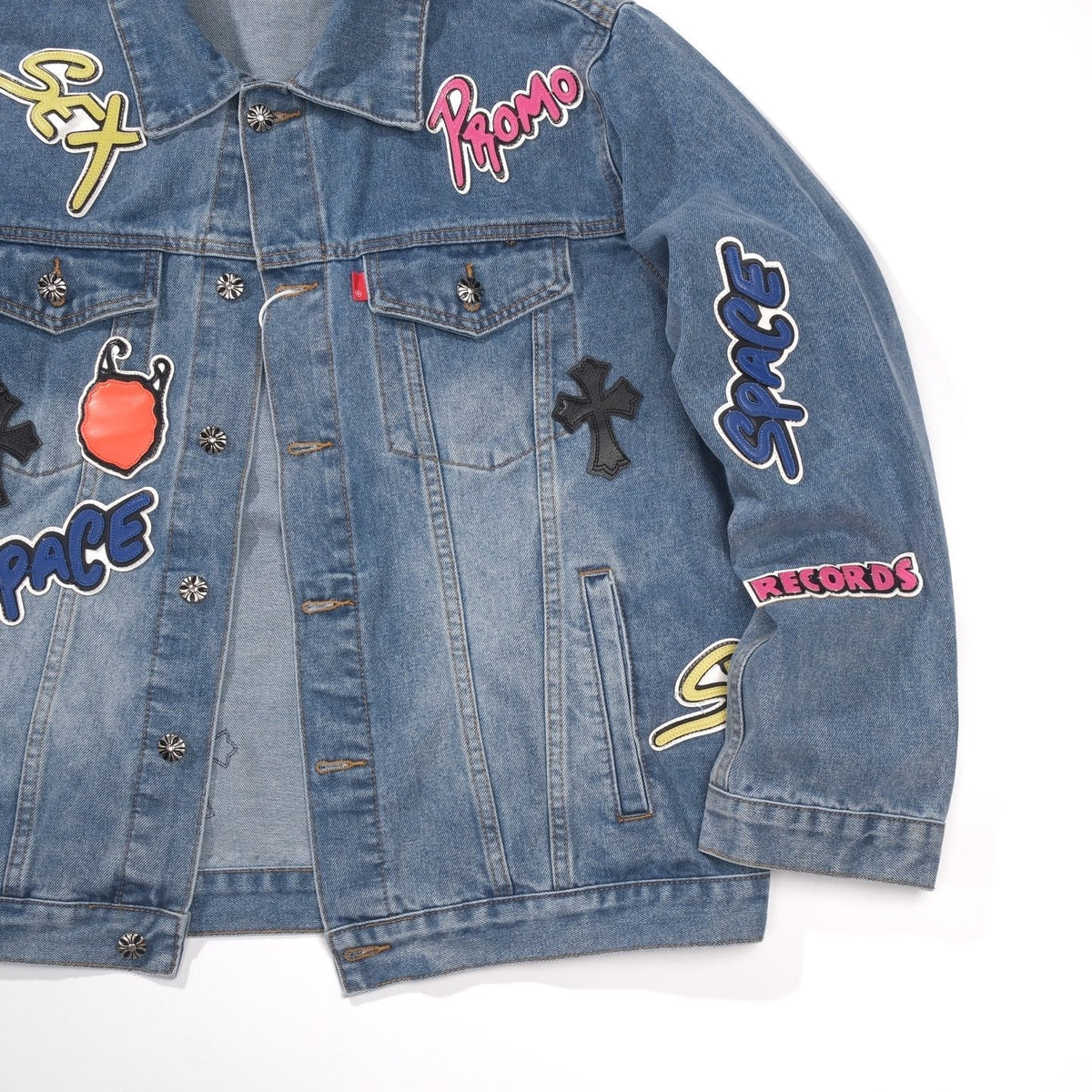 Chrome Hearts Patchwork Denim Jacket - Vintage Blue Gothic Street Jacket 0789